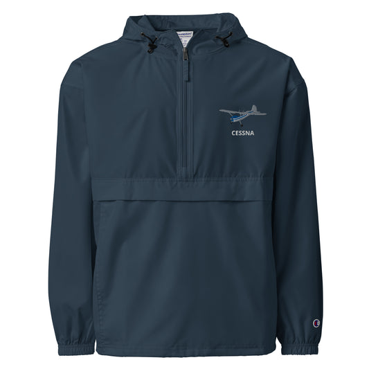 CESSNA 170 Polished grey - Blue Trim  Aviation Rain weather proof Embroidered Champion Packable Zip Jacket.