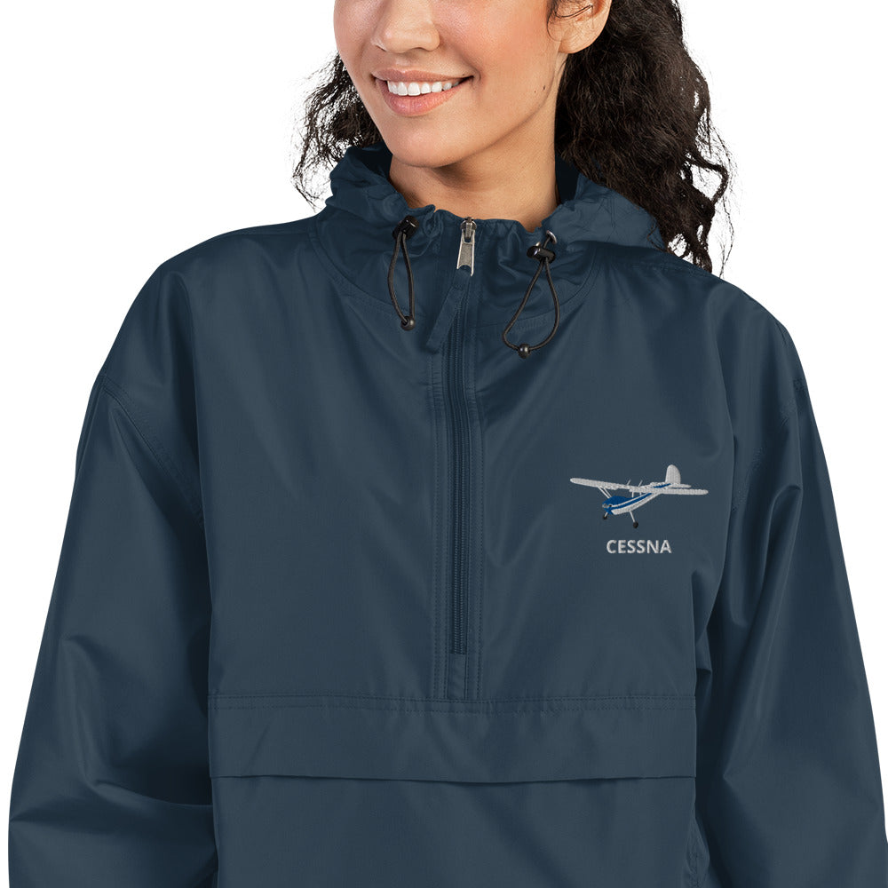 CESSNA 140 White - Blue Trim Aviation Rain weather proof Embroidered Champion Packable Zip Jacket