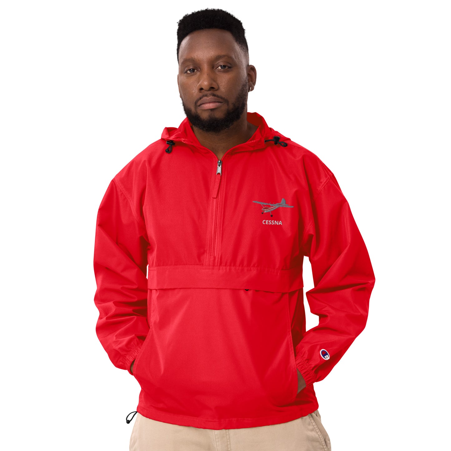 CESSNA 170 Polished grey - Red Trim  Aviation Rain weather proof Embroidered Champion Packable Zip Jacket.