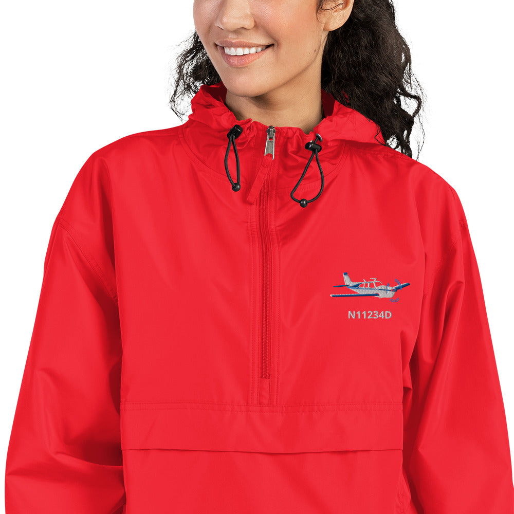 BONANZA F33 Blue - white plane CUSTOM N NUMBER  Aviation Rain weather proof Embroidered Champion Packable Zip Jacket