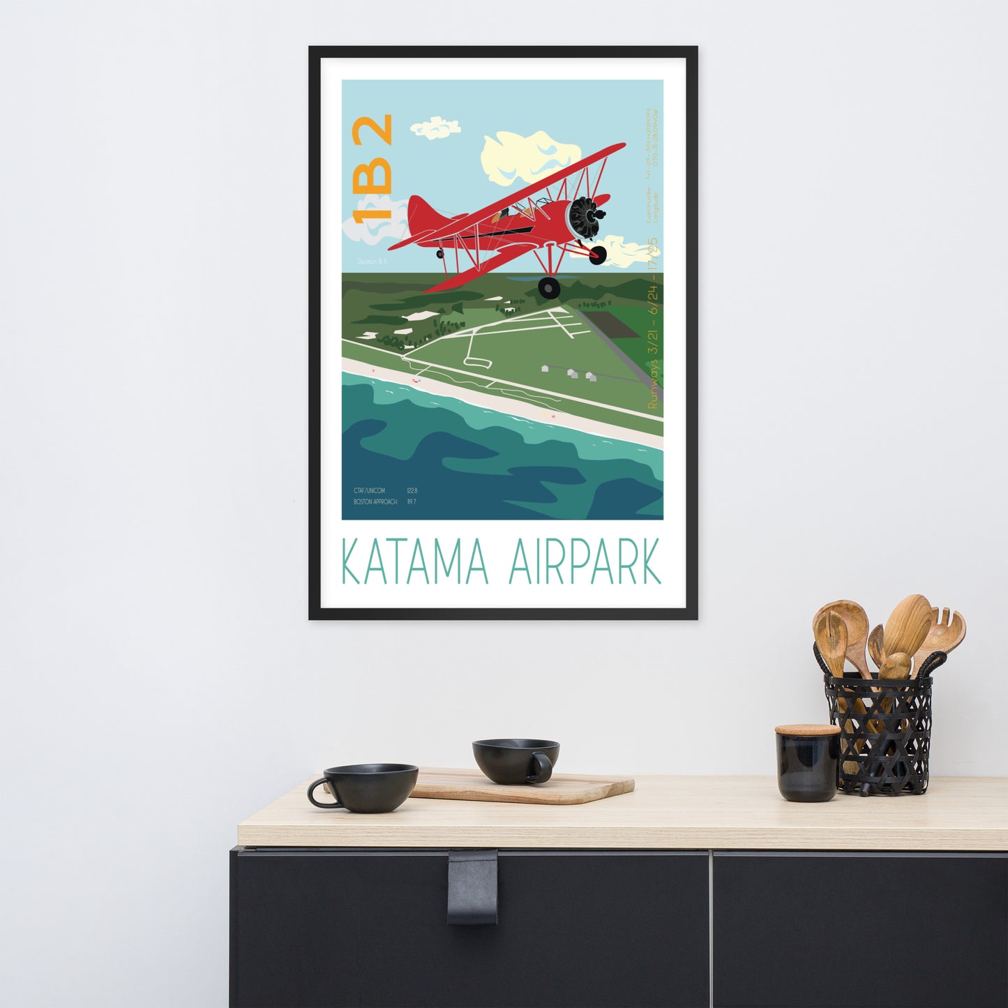 FRAMED poster 36x24 inch- Katama Airpark- Martha's Vineyard  Red Biplane Waco UPF 7 Vintage Style Retro Graphic