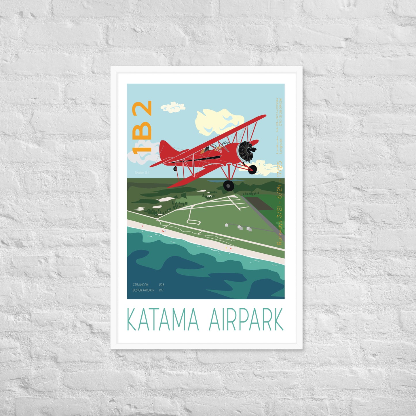 FRAMED poster 36x24 inch- Katama Airpark- Martha's Vineyard  Red Biplane Waco UPF 7 Vintage Style Retro Graphic