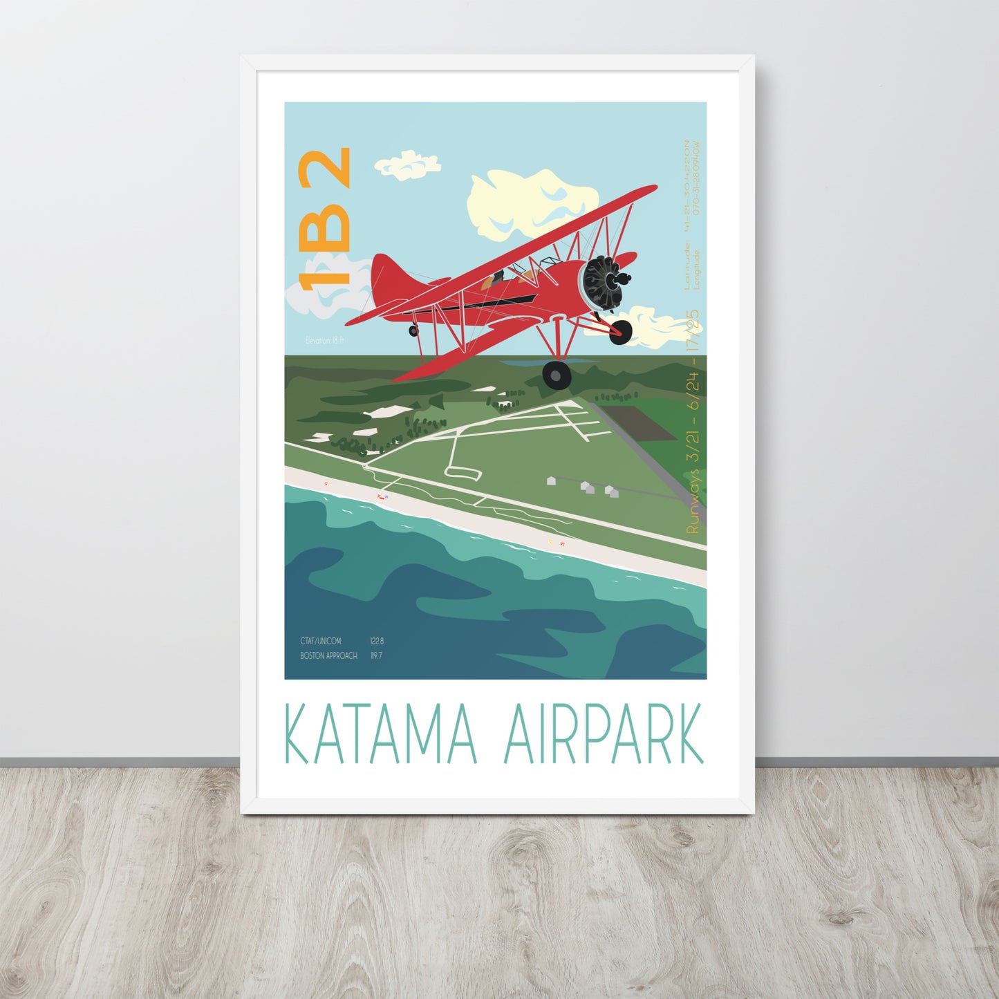 FRAMED poster 36x24 inch- Katama Airpark- Martha's Vineyard  Red Biplane Waco UPF 7 Vintage Style Retro Graphic