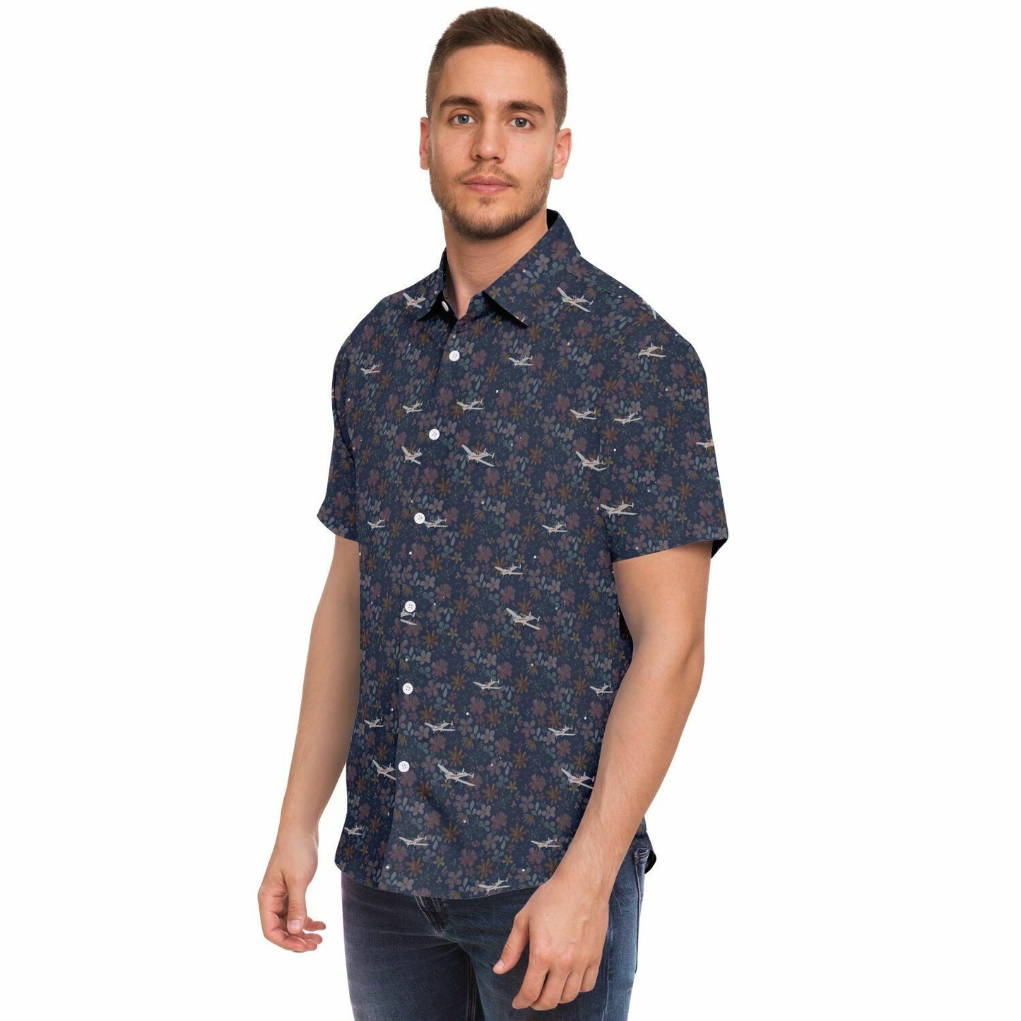 ErCoupe printed Short Sleeve Button Down Shirt - dark floral - poplin