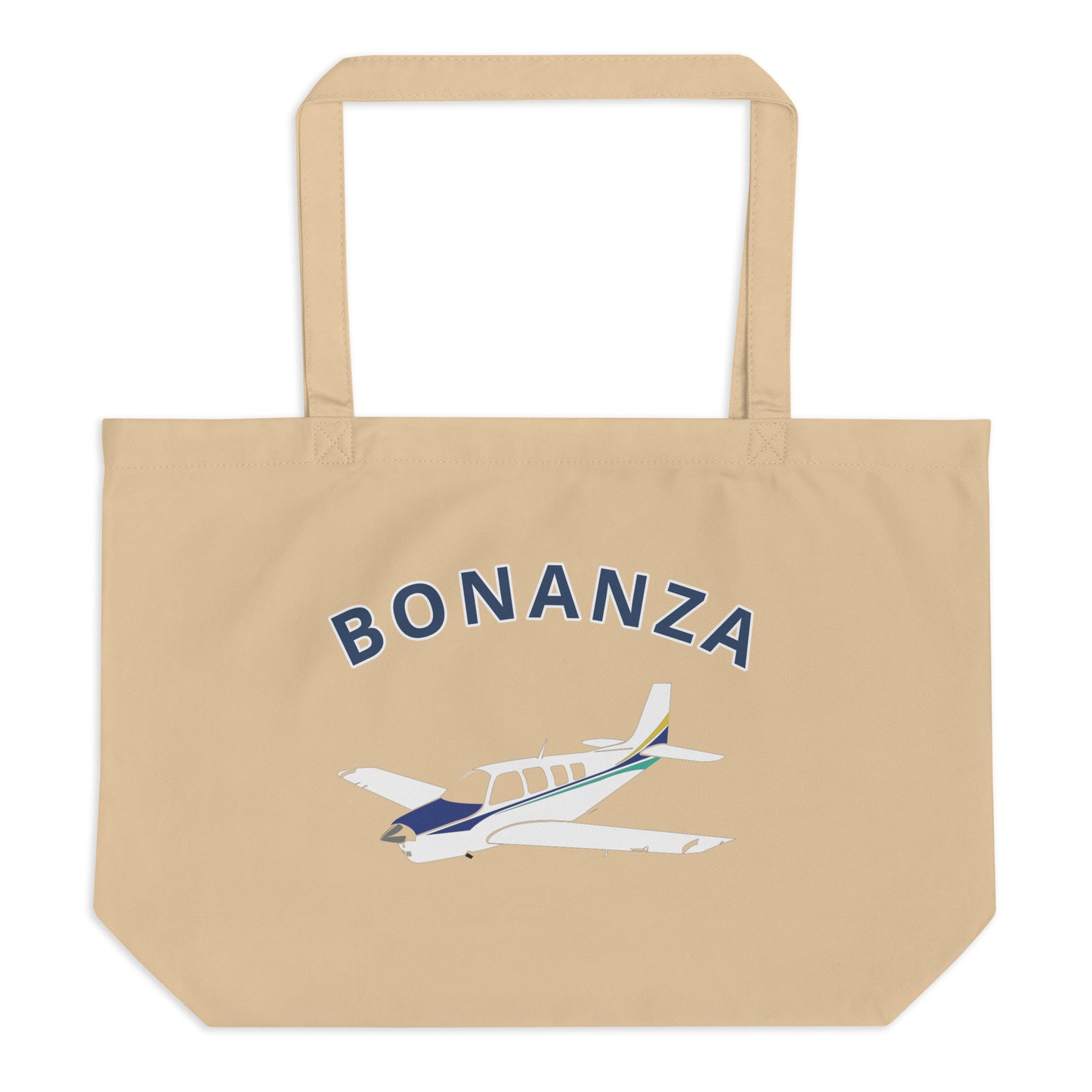 Large BONANZA A36 blue paint scheme organic beach and travel tote bag.