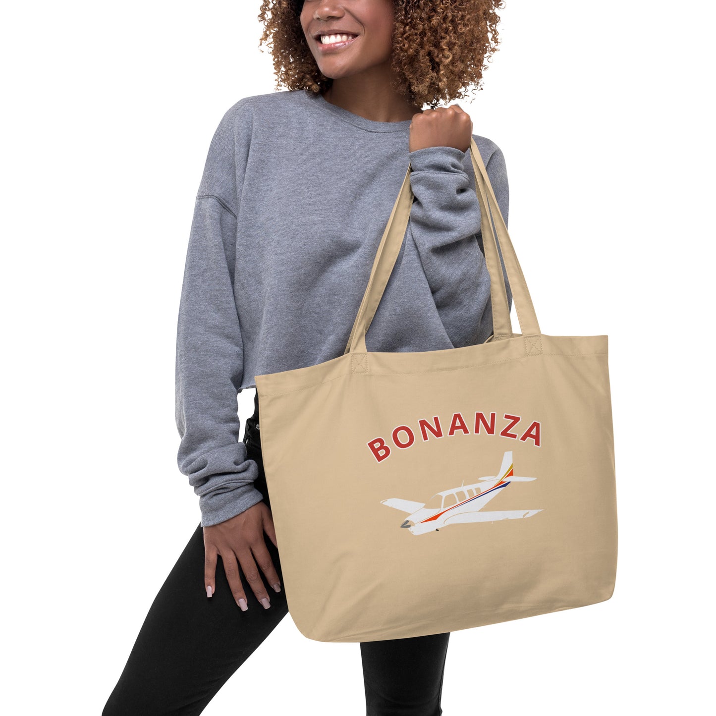 Large BONANZA A36 red letters with stripe paint scheme organic beach and travel tote bag