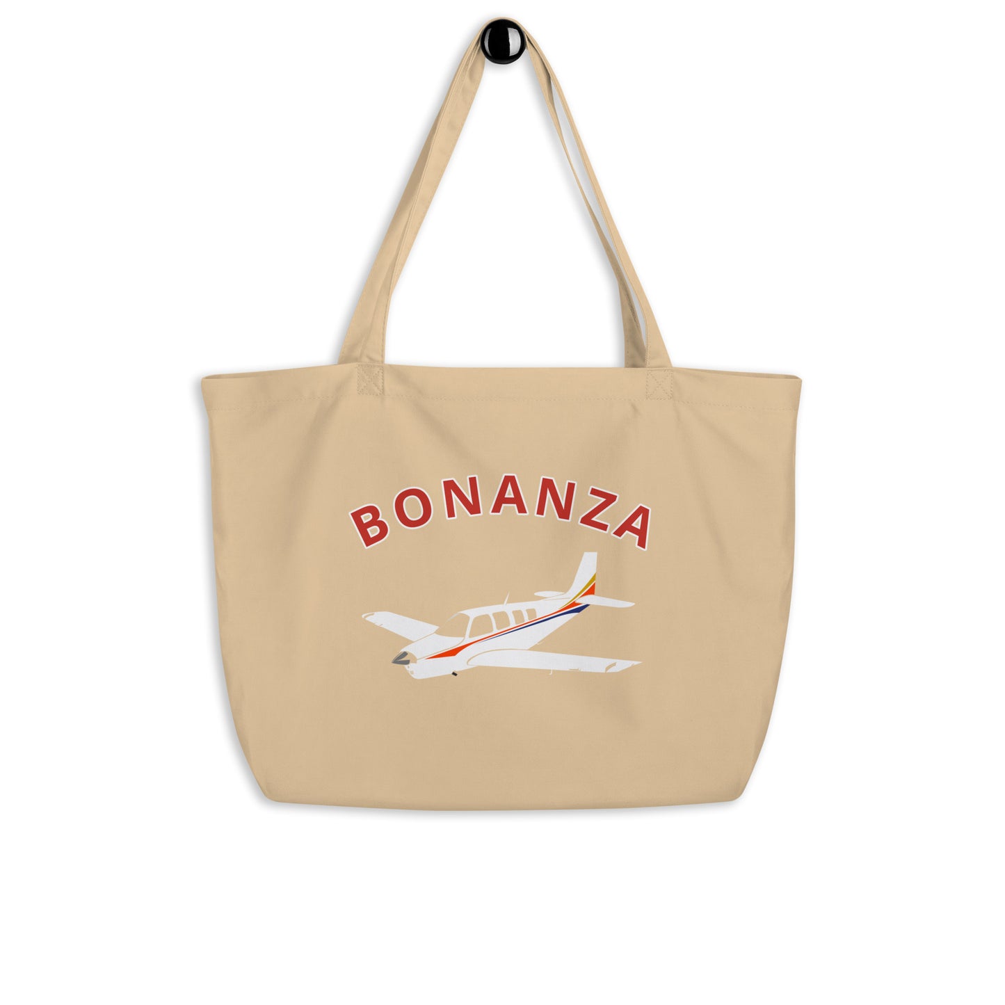 Large BONANZA A36 red letters with stripe paint scheme organic beach and travel tote bag