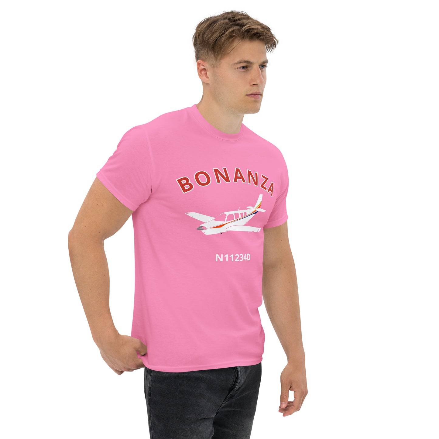 BONANZA A36  White with Stripes CUSTOM N NUMBER Graphic Short-Sleeve Unisex classic fit aviation T-Shirt.