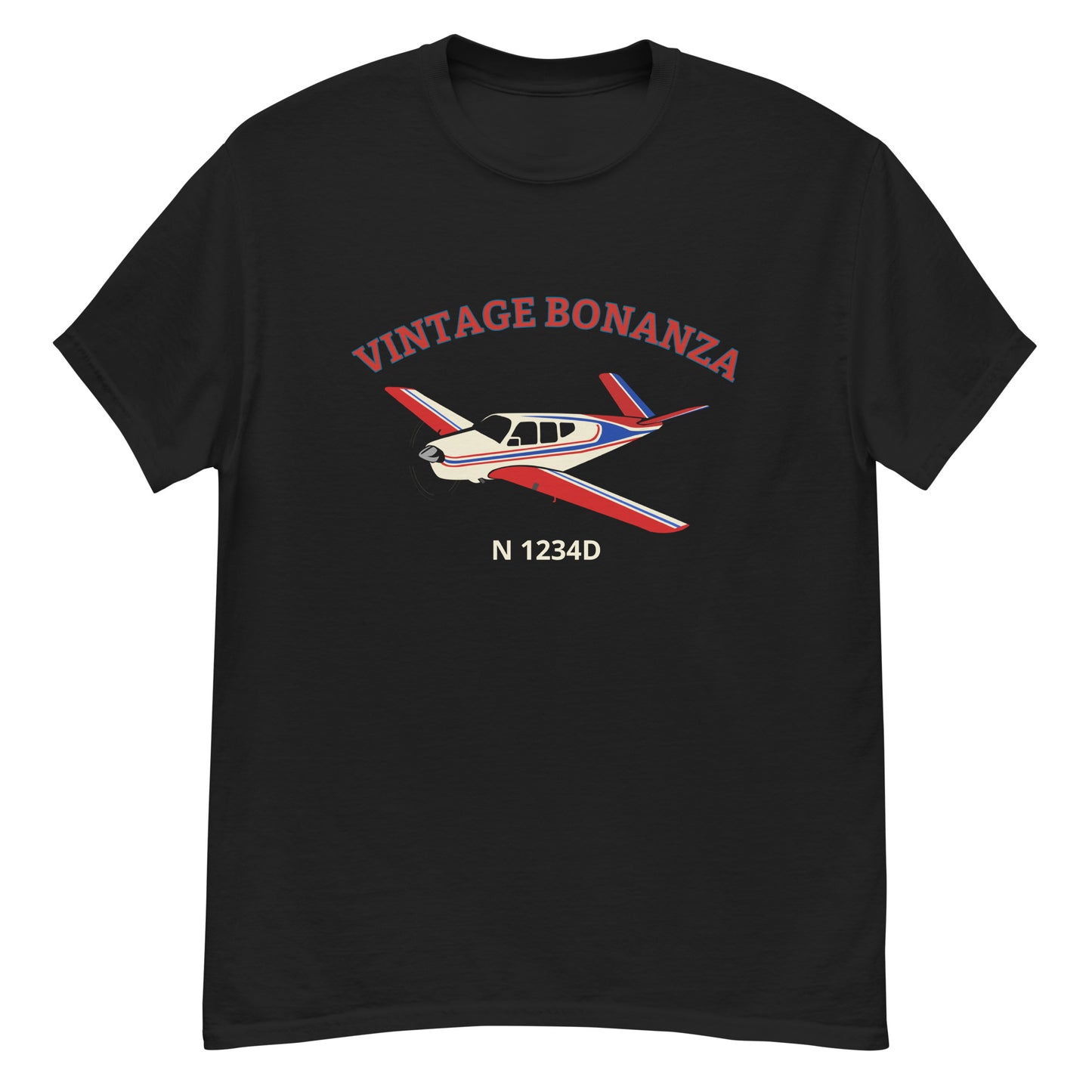 V-TAIL BONANZA Vintage tri color 2 stripe CUSTOM N Number Printed Short-Sleeve Classic Fit Aviation T-Shirt