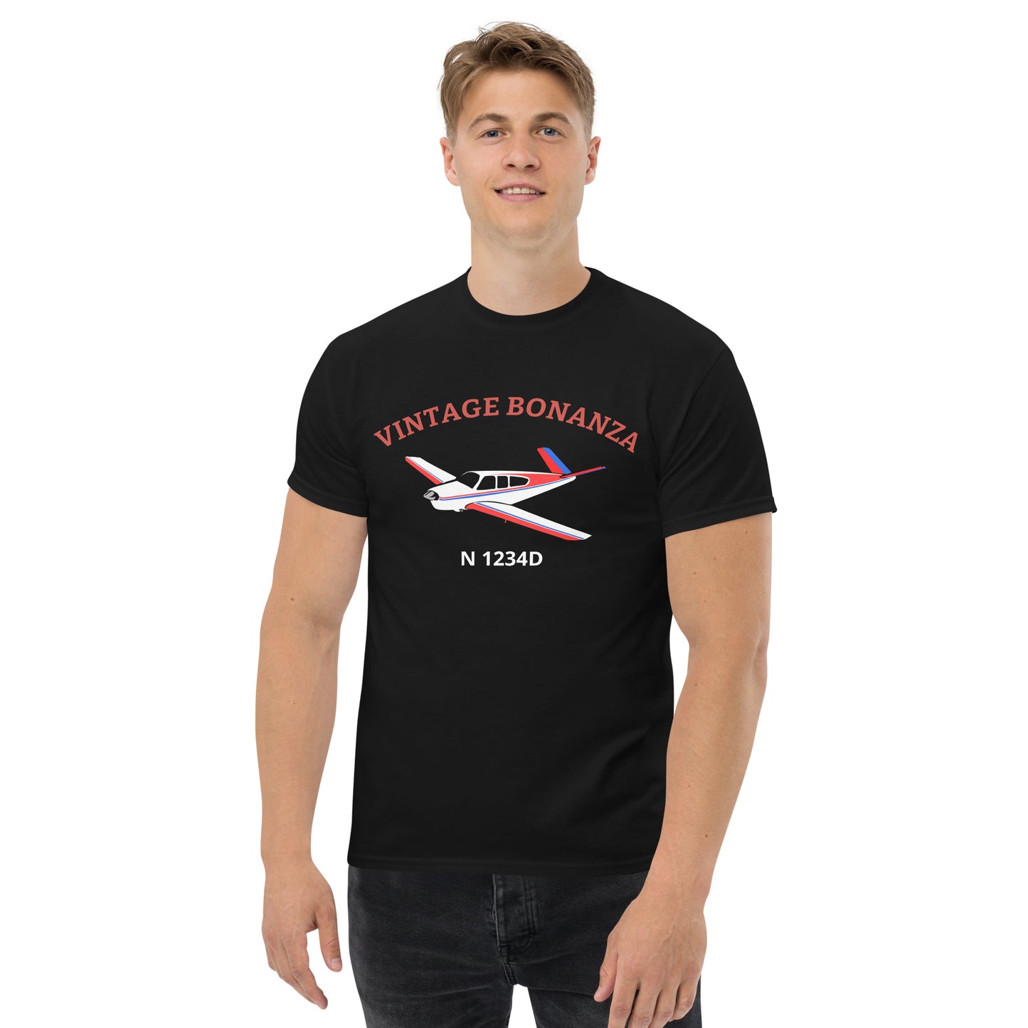 V-TAIL BONANZA Vintage Tricolor 1 CUSTOM N Number Printed Short-Sleeve Classic Fit Aviation T-Shirt