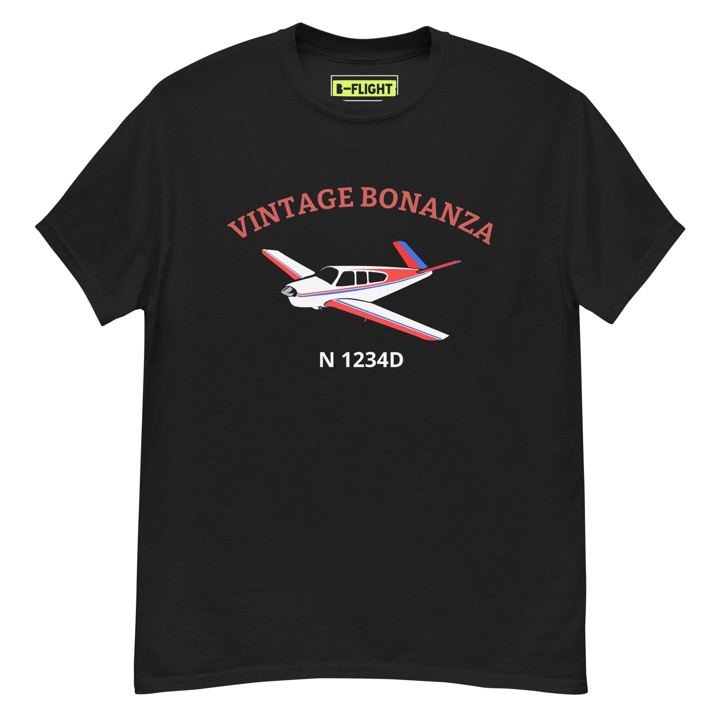 V-TAIL BONANZA Vintage Tricolor 1 CUSTOM N Number Printed Short-Sleeve Classic Fit Aviation T-Shirt