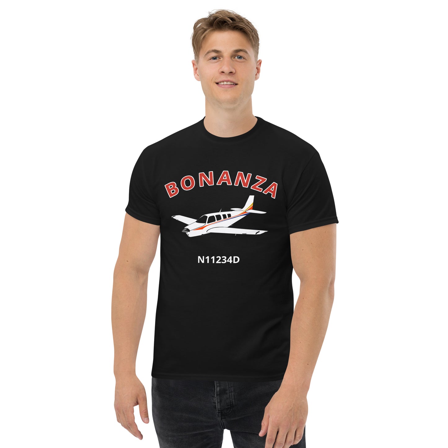 BONANZA A36  White with Stripes CUSTOM N NUMBER Graphic Short-Sleeve Unisex classic fit aviation T-Shirt.