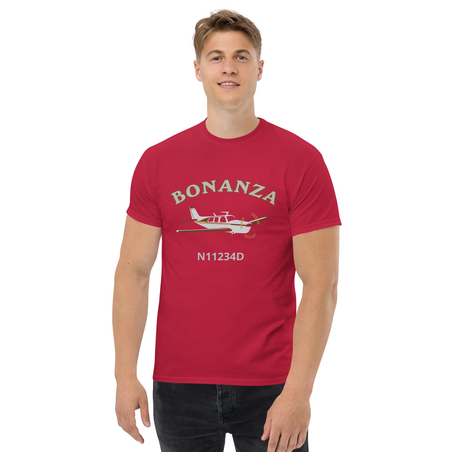 BONANZA F33 white-maroon CUSTOM N NUMBER Aviation Men's classic cotton tee