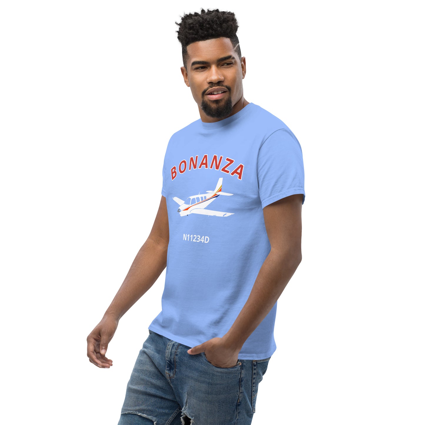 BONANZA A36  White with Stripes CUSTOM N NUMBER Graphic Short-Sleeve Unisex classic fit aviation T-Shirt.