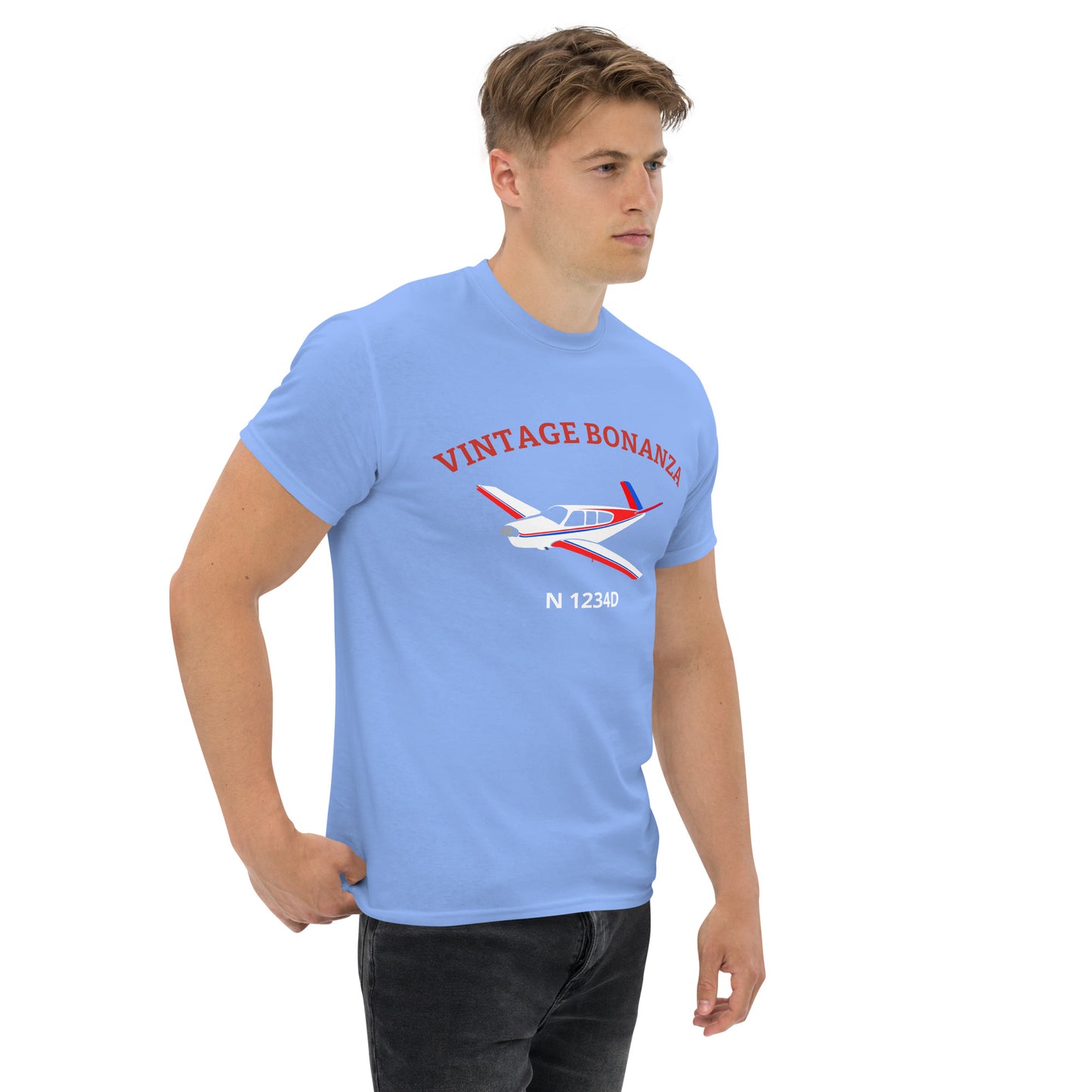 V-TAIL BONANZA Vintage Tricolor 1 CUSTOM N Number Printed Short-Sleeve Classic Fit Aviation T-Shirt