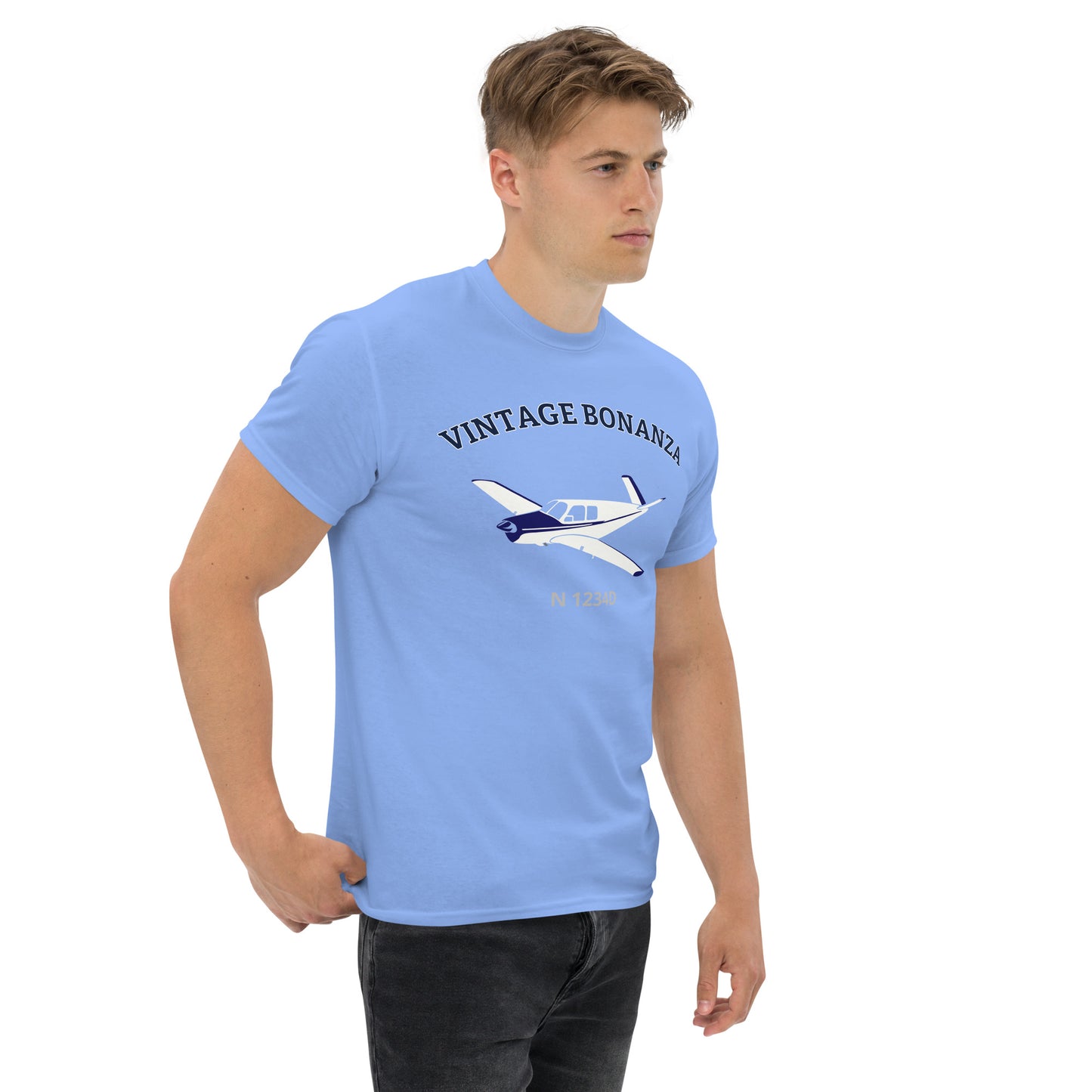 V-TAIL BONANZA White- blue CUSTOM N Number graphic printed Men's classic fit  aviation tee