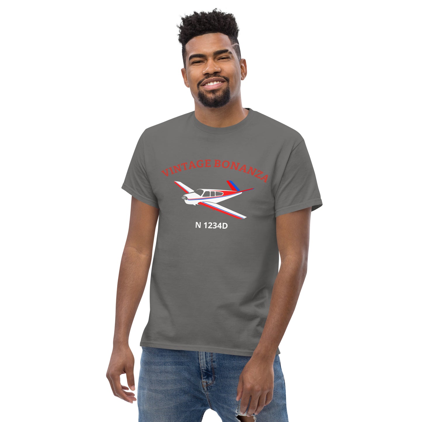 V-TAIL BONANZA Vintage Tricolor 1 CUSTOM N Number Printed Short-Sleeve Classic Fit Aviation T-Shirt