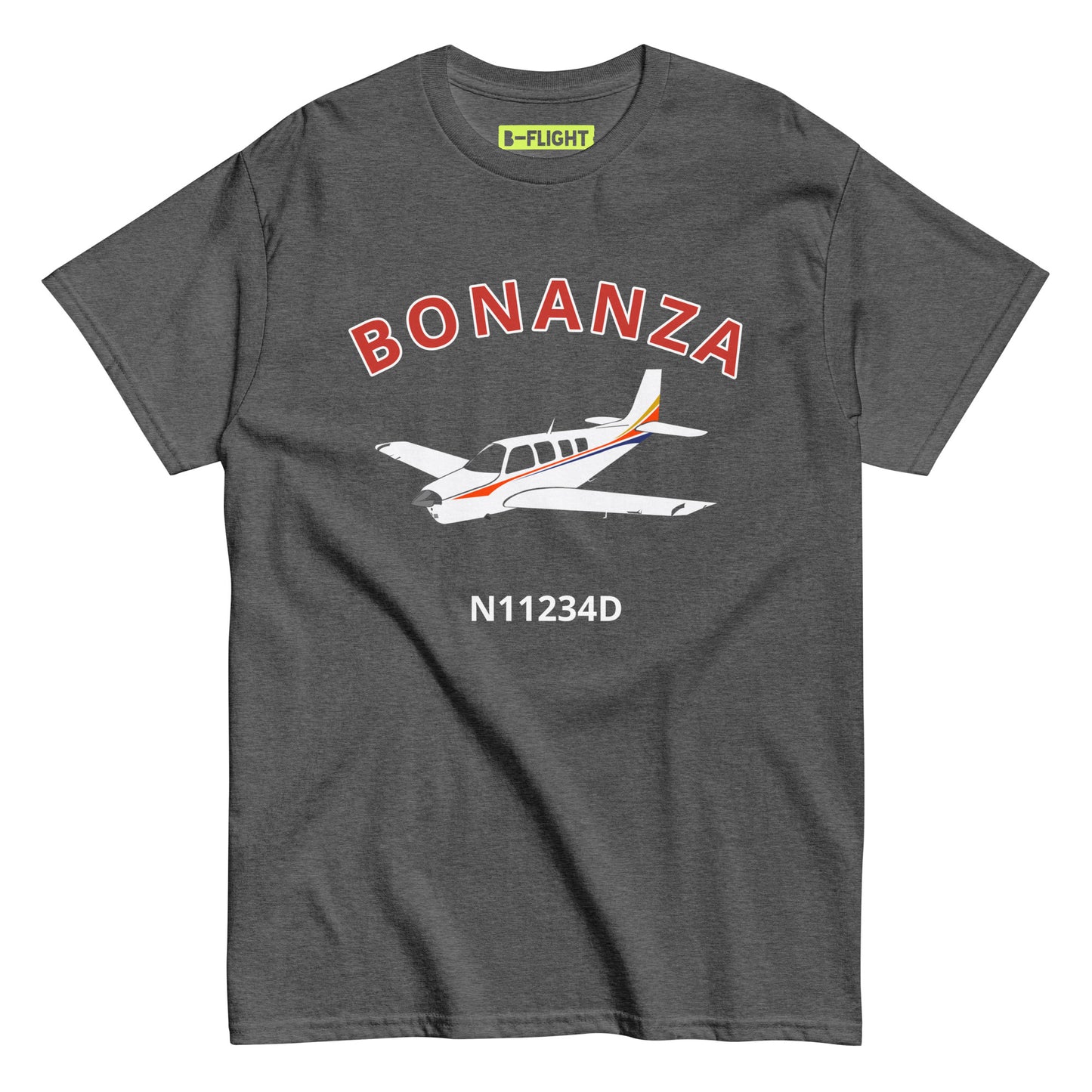 BONANZA A36  White with Stripes CUSTOM N NUMBER Graphic Short-Sleeve Unisex classic fit aviation T-Shirt.