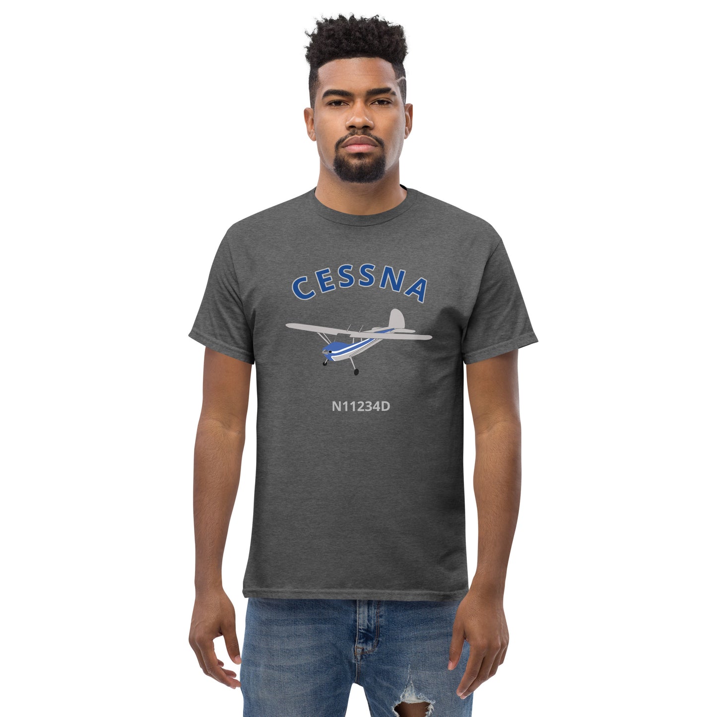 CESSNA 140 polished grey - blue aircraft CUSTOM N Number Classic fit Men's aviation tee