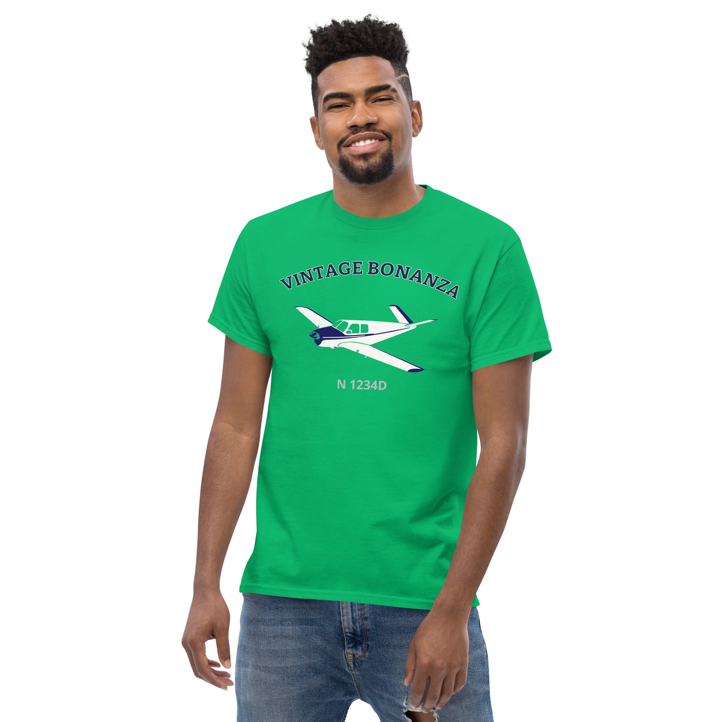 V-TAIL BONANZA White- blue CUSTOM N Number graphic printed Men's classic fit  aviation tee