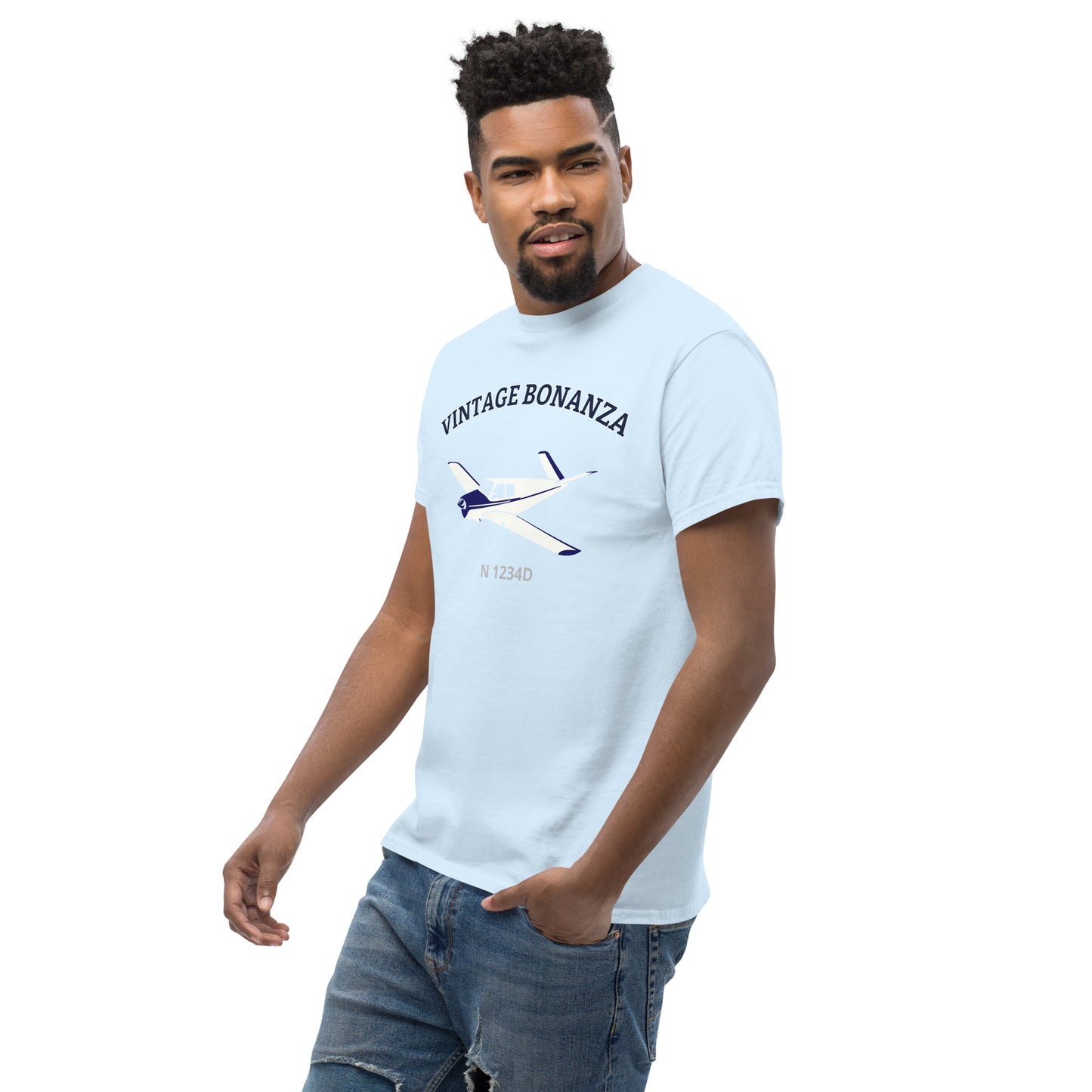 V-TAIL BONANZA White- blue CUSTOM N Number graphic printed Men's classic fit  aviation tee