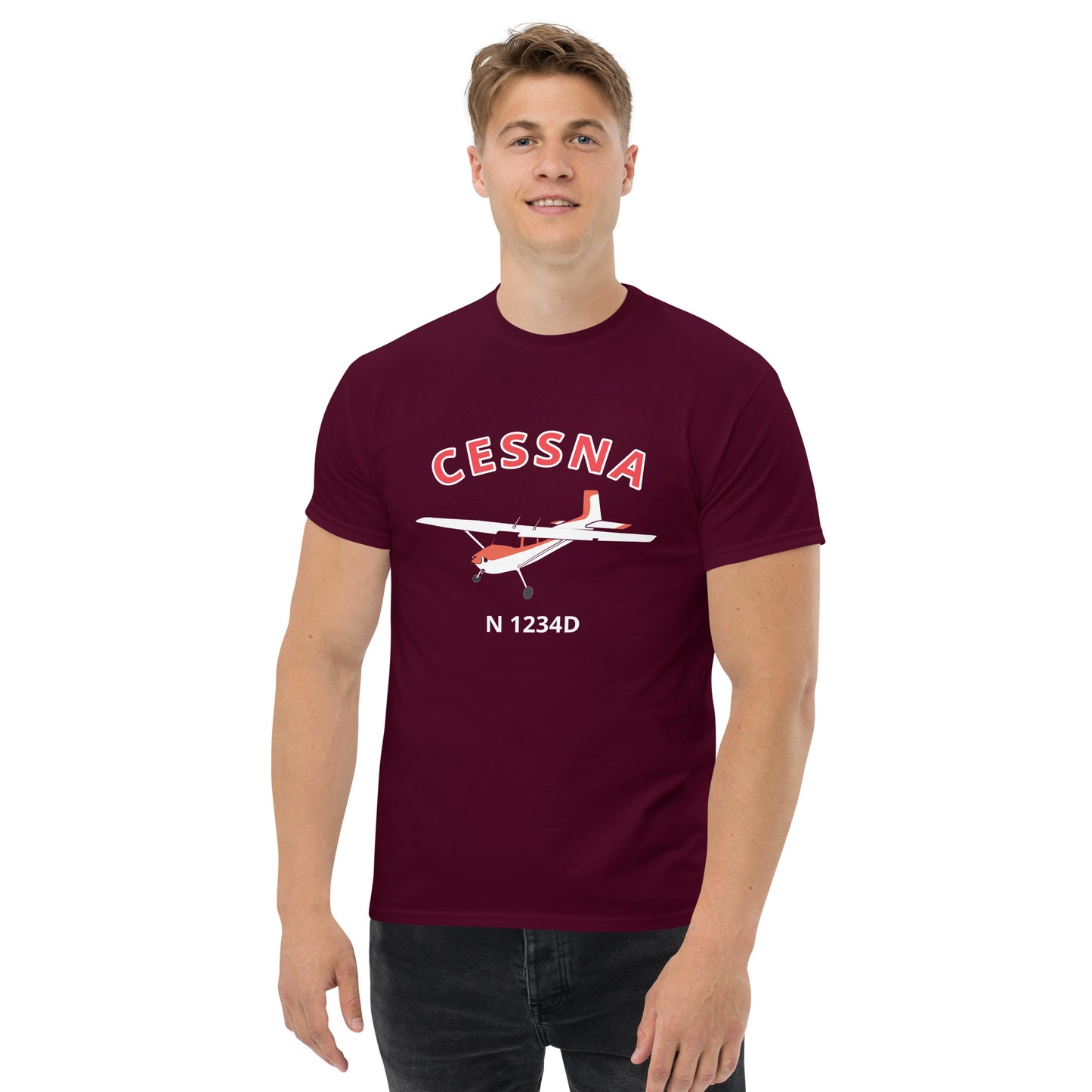 CESSNA 180  White with red trim CUSTOM N Number classic fit cotton aviation tee