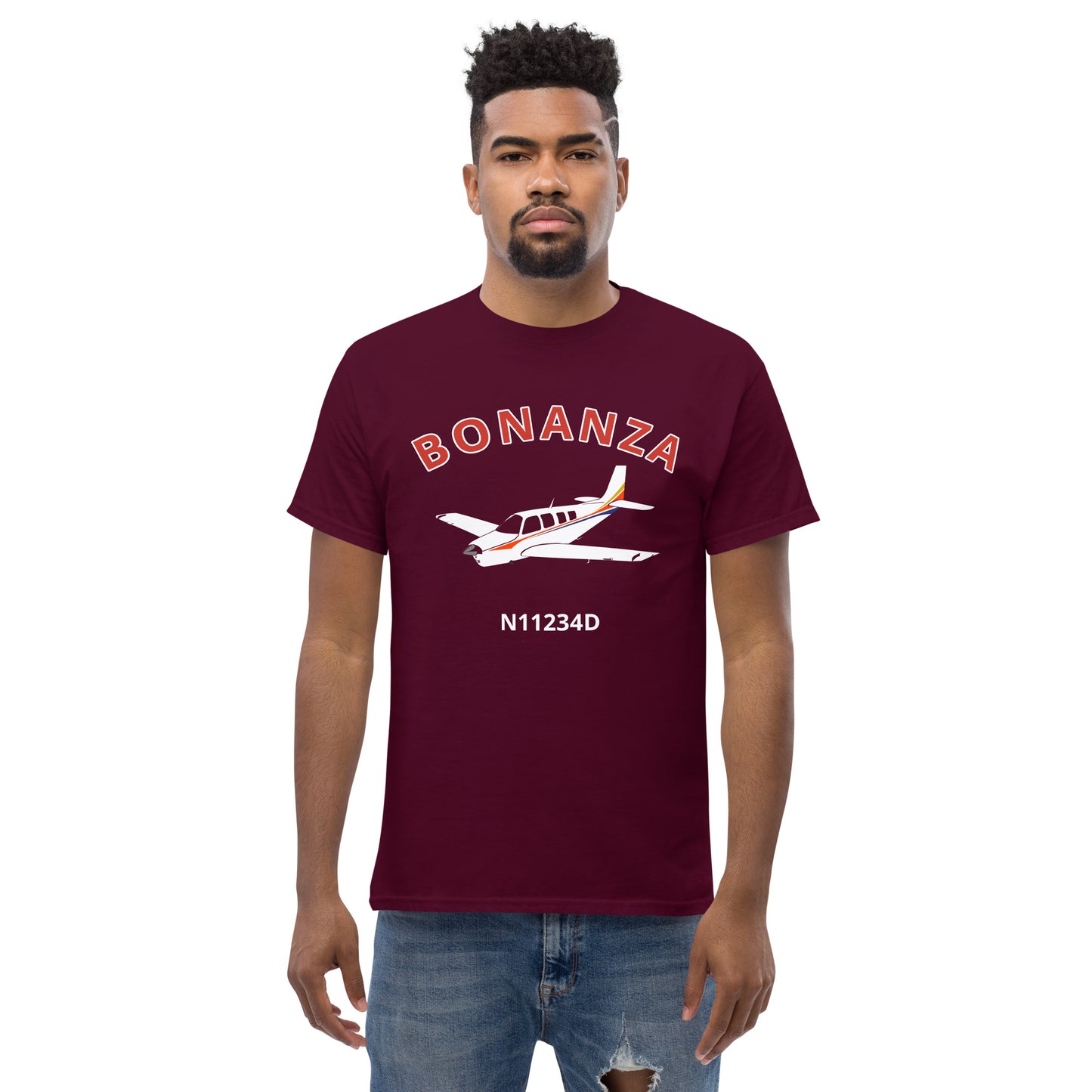 BONANZA A36  White with Stripes CUSTOM N NUMBER Graphic Short-Sleeve Unisex classic fit aviation T-Shirt.