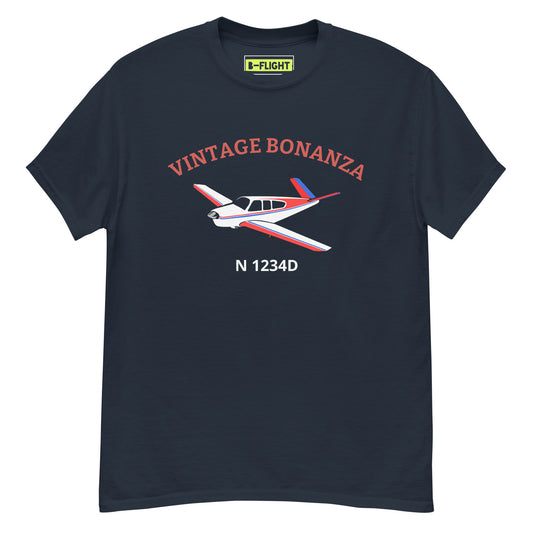 V-TAIL BONANZA Vintage Tricolor 1 CUSTOM N Number Printed Short-Sleeve Classic Fit Aviation T-Shirt - Minimum order 3