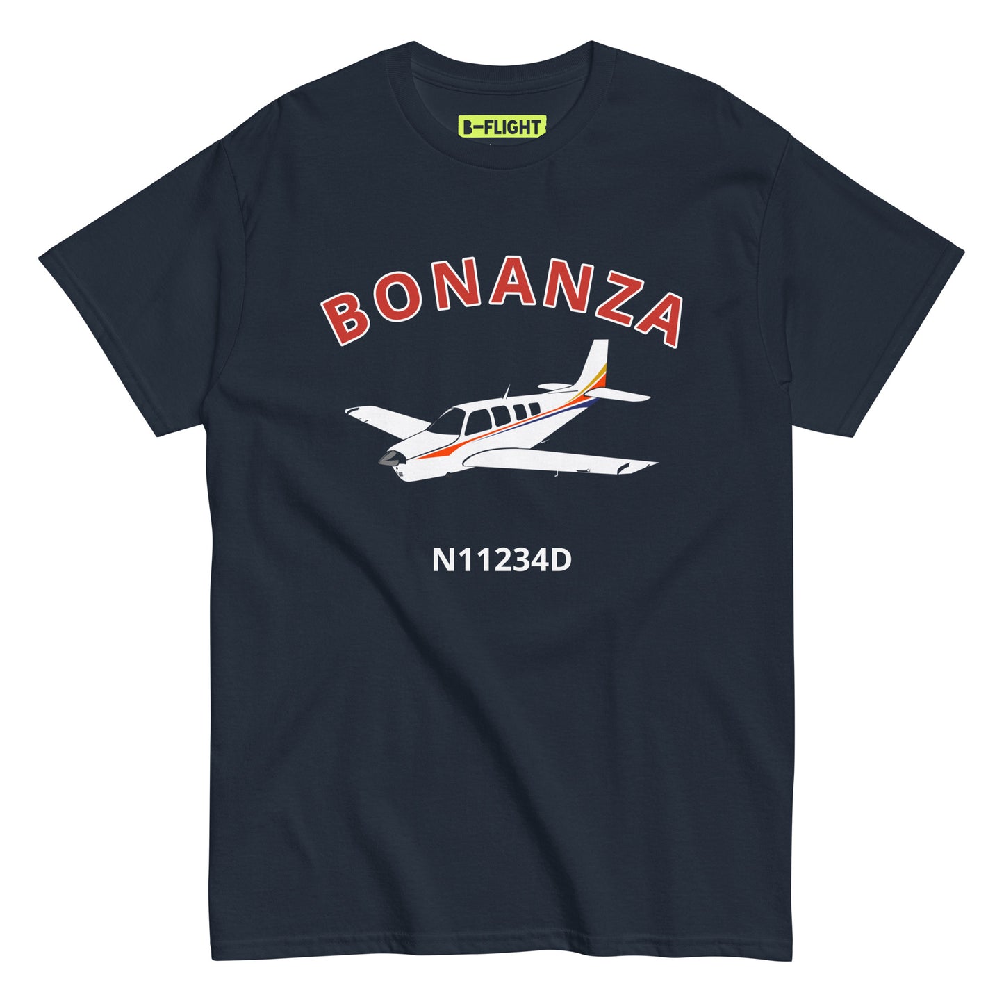 BONANZA A36  White with Stripes CUSTOM N NUMBER Graphic Short-Sleeve Unisex classic fit aviation T-Shirt.