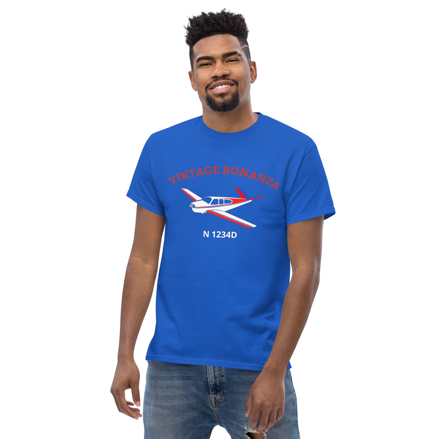 V-TAIL BONANZA Vintage Tricolor 1 CUSTOM N Number Printed Short-Sleeve Classic Fit Aviation T-Shirt