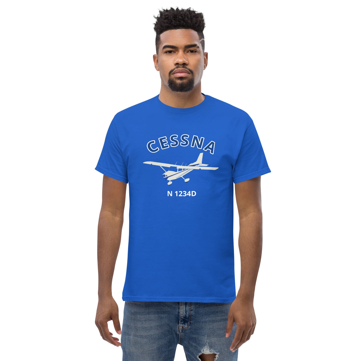 CESSNA 172 Skyhawk White- blue aircraft CUSTOM N Number Men's classic fit aviation tee