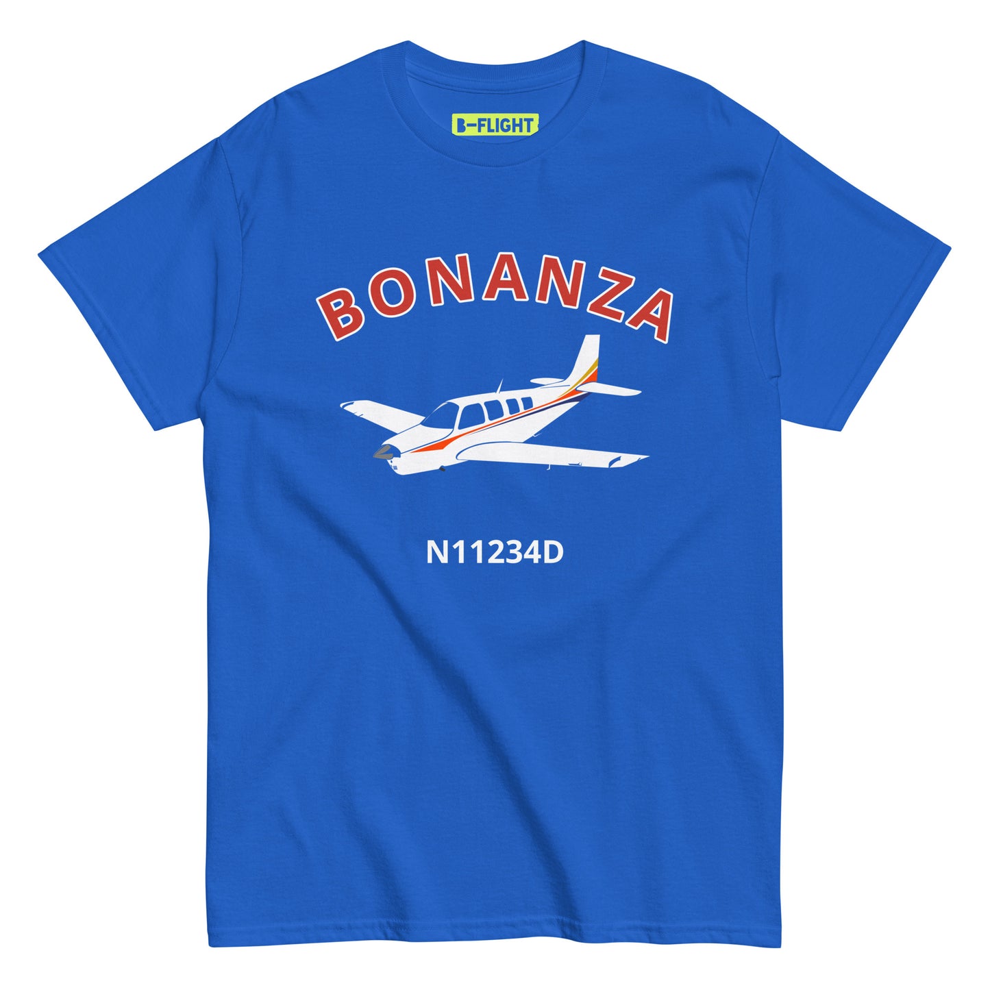 BONANZA A36  White with Stripes CUSTOM N NUMBER Graphic Short-Sleeve Unisex classic fit aviation T-Shirt.