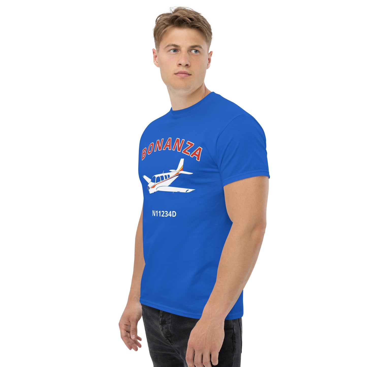 BONANZA A36  White with Stripes CUSTOM N NUMBER Graphic Short-Sleeve Unisex classic fit aviation T-Shirt.