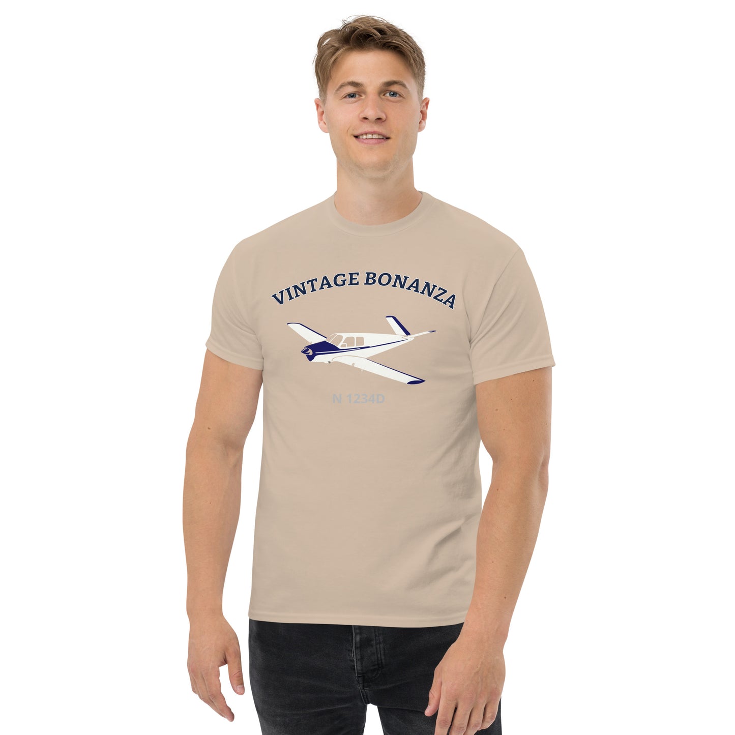 V-TAIL BONANZA White- blue CUSTOM N Number graphic printed Men's classic fit  aviation tee