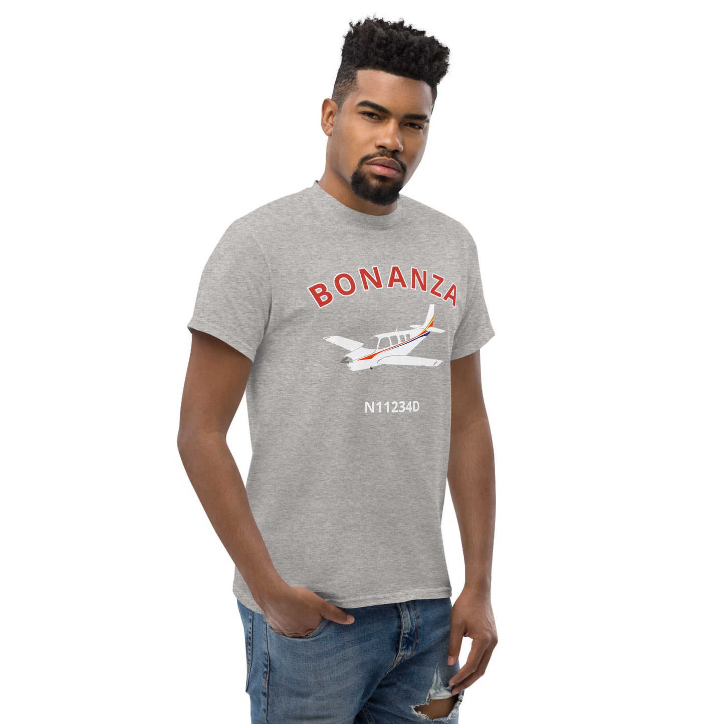 BONANZA A36  White with Stripes CUSTOM N NUMBER Graphic Short-Sleeve Unisex classic fit aviation T-Shirt.