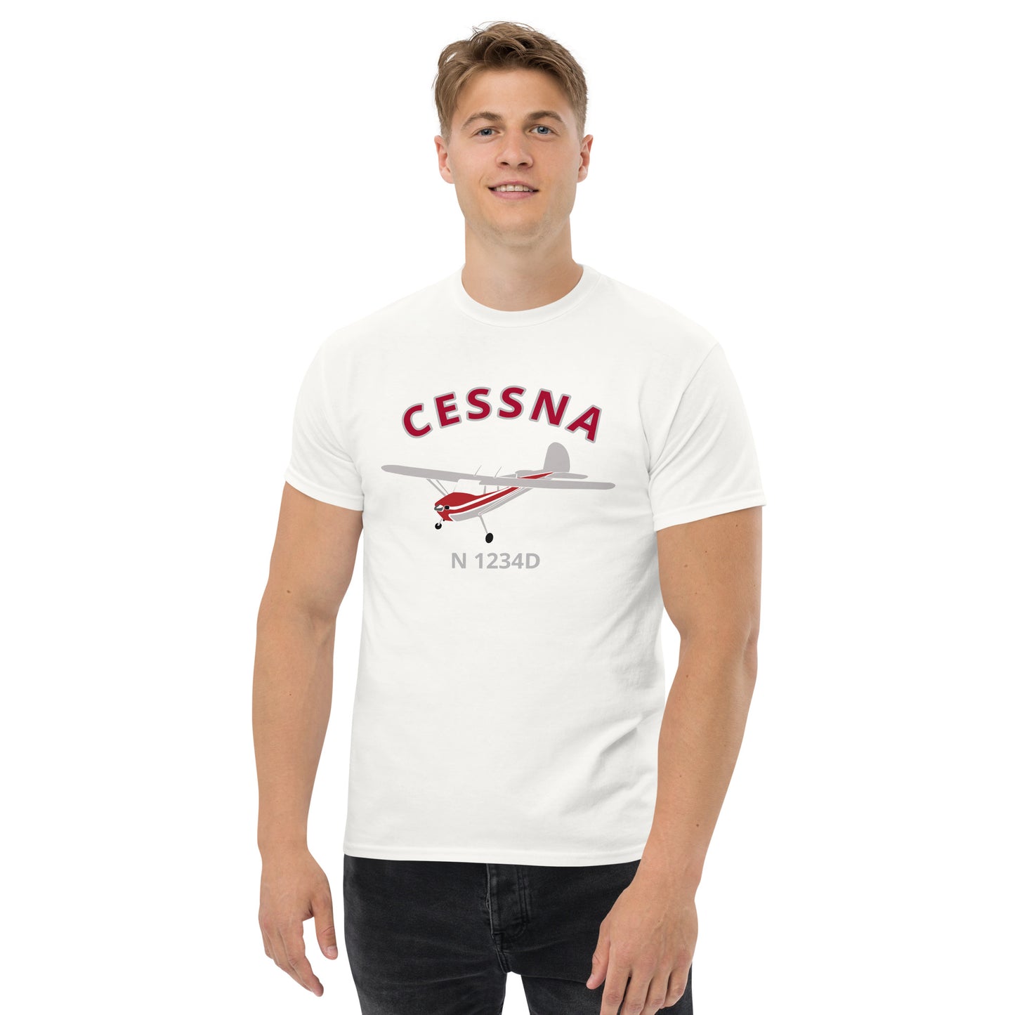 Cessna 140 CUSTOM N Number Polished with  Red Fuselage Men's classic Tee