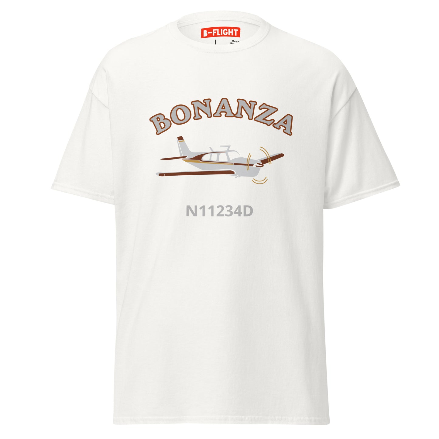 BONANZA F33 white-maroon CUSTOM N NUMBER Aviation Men's classic cotton tee