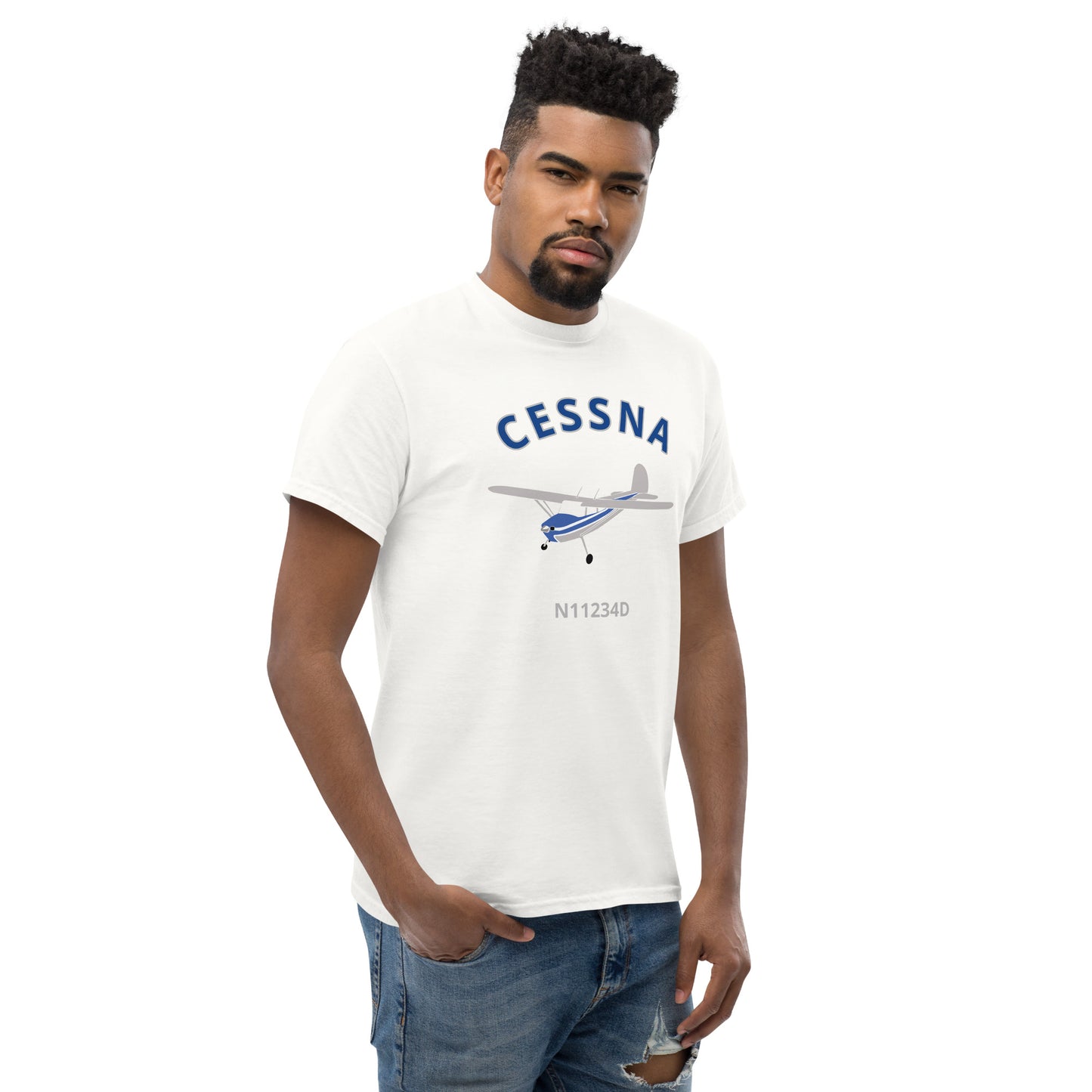 CESSNA 140 polished grey - blue aircraft CUSTOM N Number Classic fit Men's aviation tee