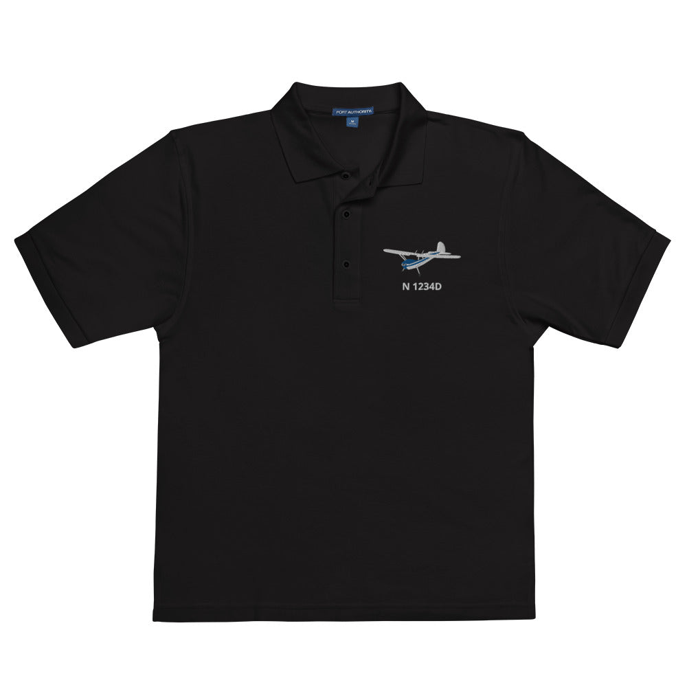 CESSNA 140 White-Blue CUSTOM N Number Embroidered Men's Premium Aviation Polo