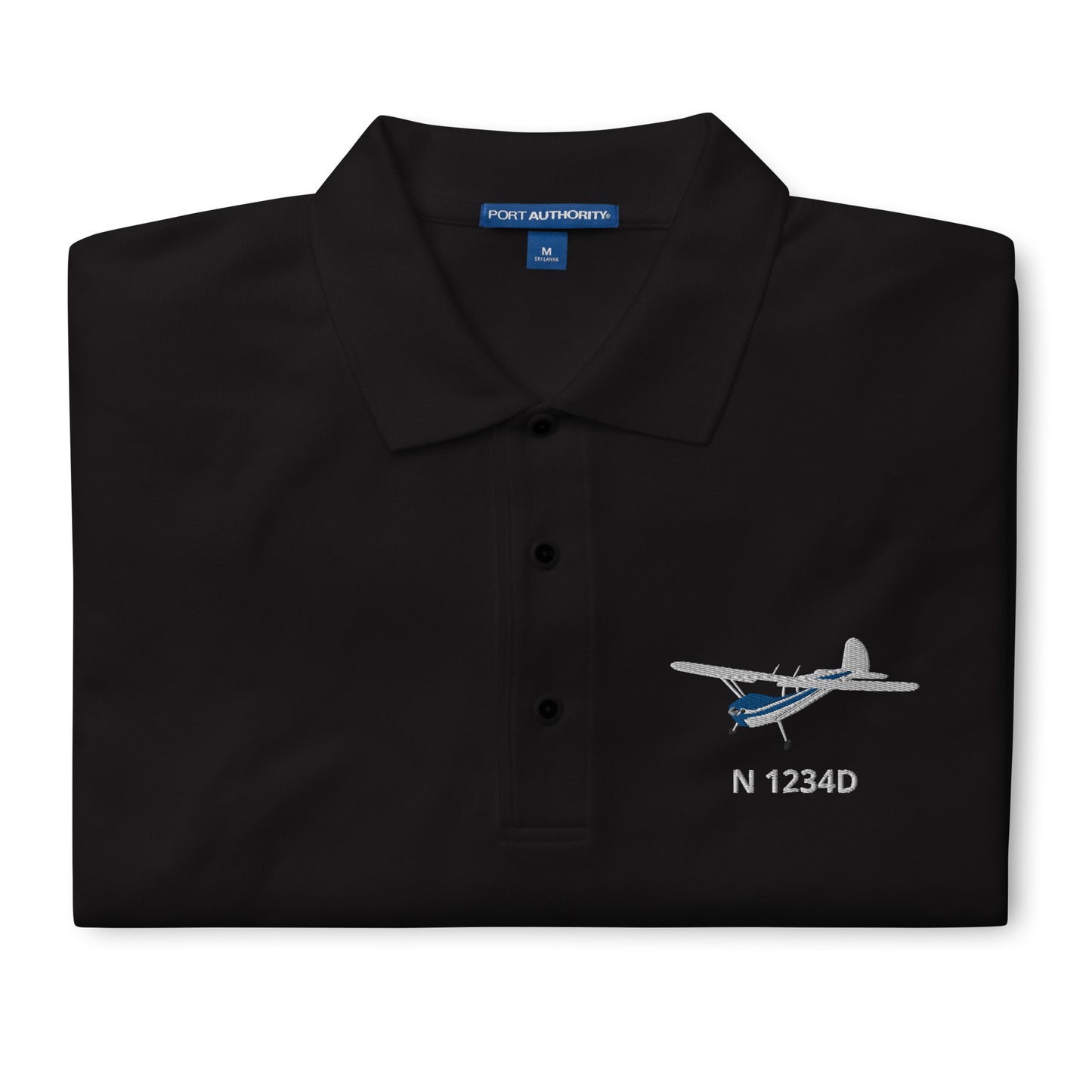 CESSNA 140 White-Blue CUSTOM N Number Embroidered Men's Premium Aviation Polo