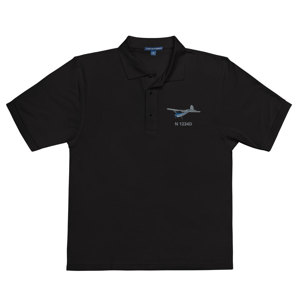 CESSNA 140 polished grey - blue  CUSTOM N Number Men's Premium Aviation Polo