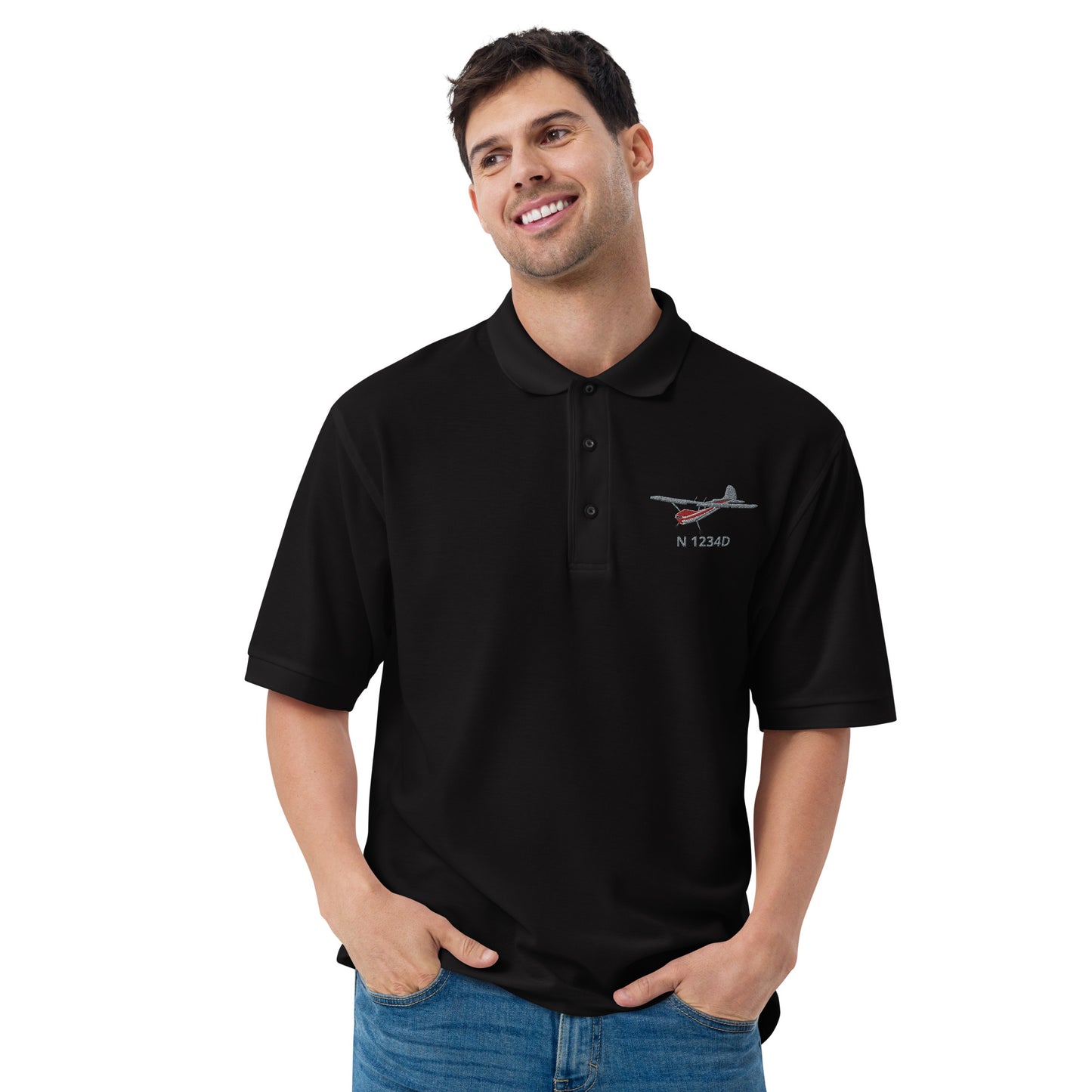 CESSNA 170 Polished grey- red CUSTOM N Number Embroidered Men's Premium Aviation  Polo - Minimum order 3