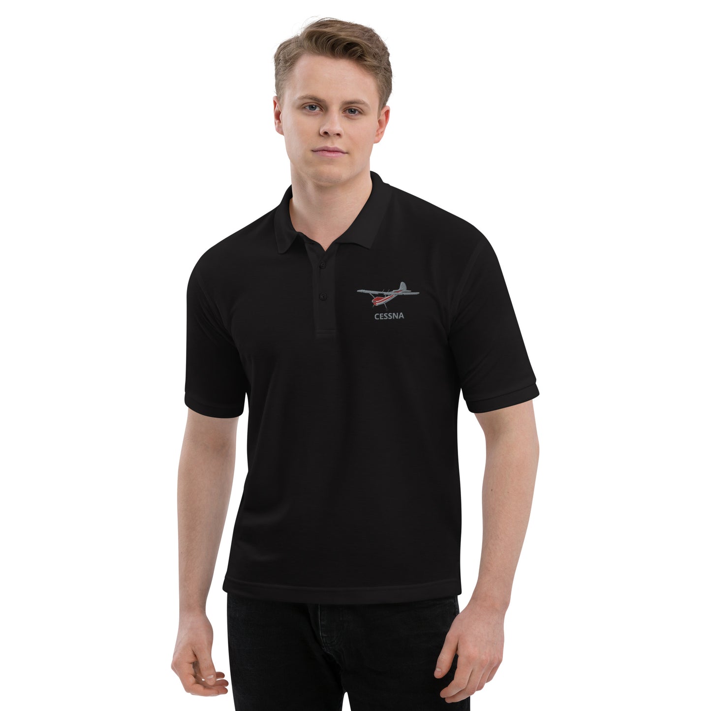 CESSNA 170 Polished grey - red Embroidered Men's Premium Aviation Polo