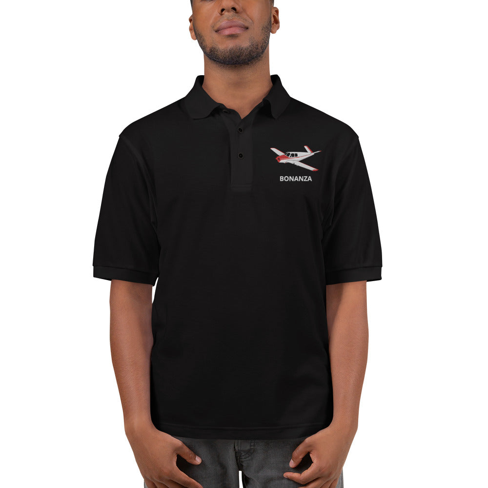 V-TAIL BONANZA White-Red Embroidered Classic Fit Men's Premium Aviation Polo