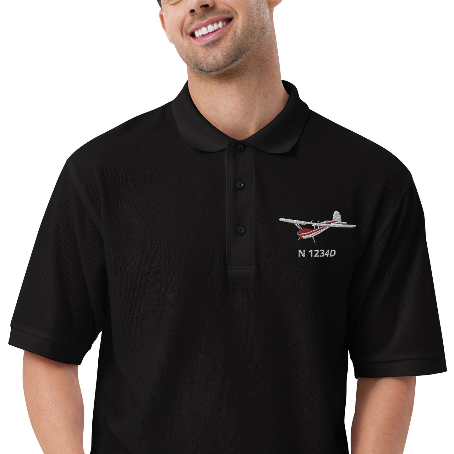 CESSNA 140 White-Red CUSTOM N Number Embroidered Men's Premium Aviation Polo