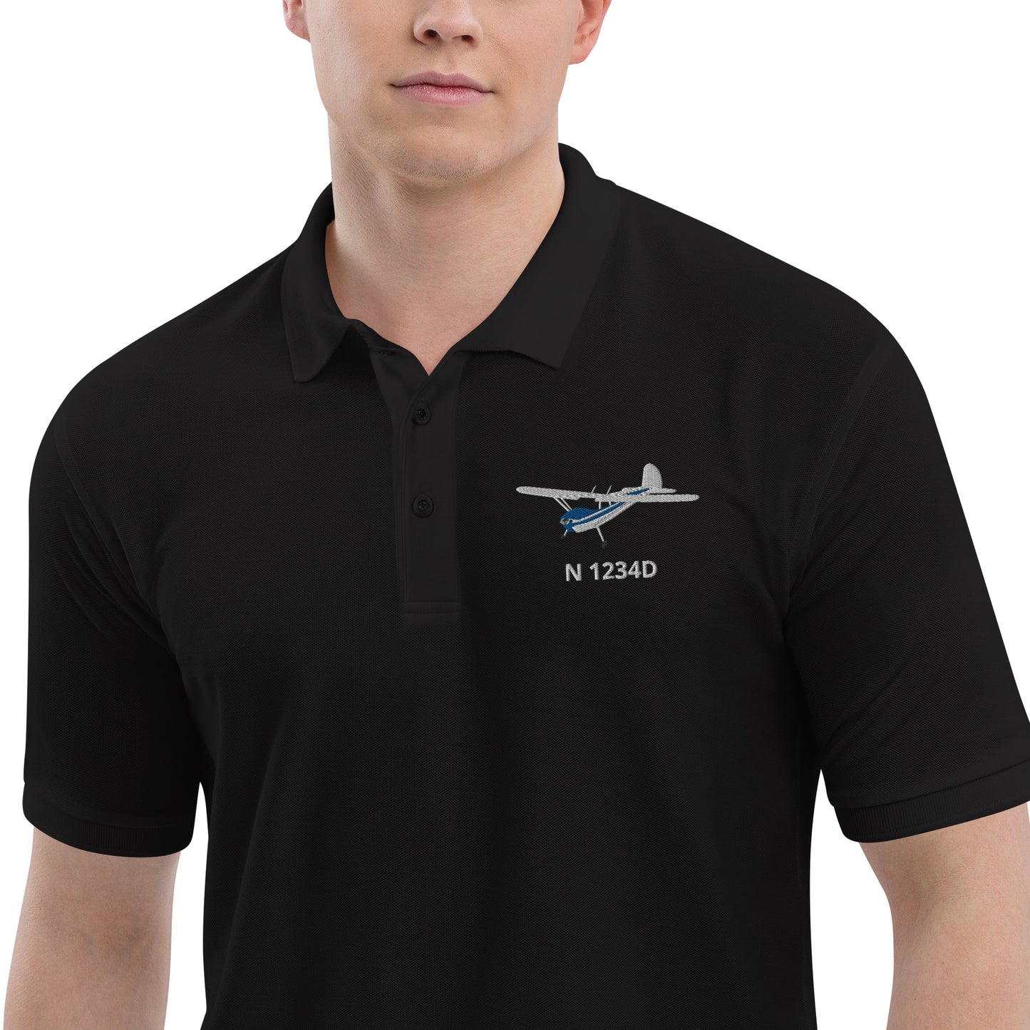 CESSNA 140 White-Blue CUSTOM N Number Embroidered Men's Premium Aviation Polo