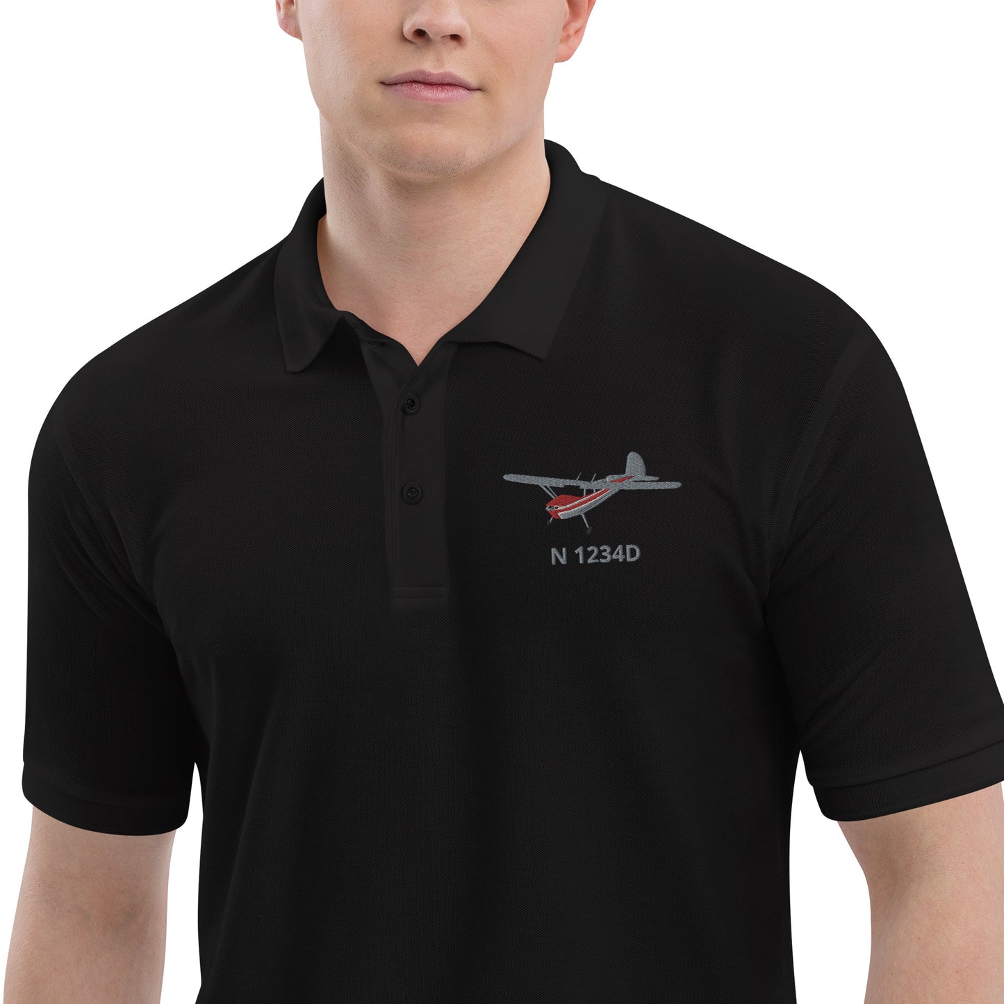 CESSNA 140 polished grey - red CUSTOM N Number Men's Premium Aviation Polo