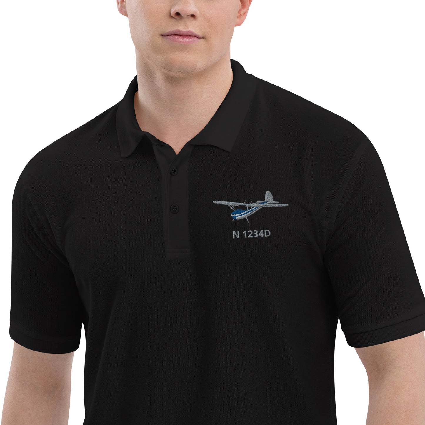 CESSNA 140 polished grey - blue  CUSTOM N Number Men's Premium Aviation Polo