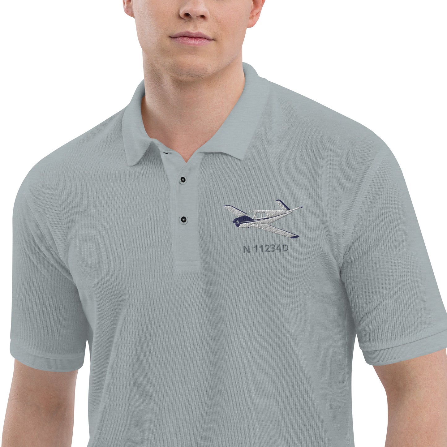 Vintage V-Tail Bonanza White-Blue CUSTOM N Number Embroidered Men's Aviation Polo