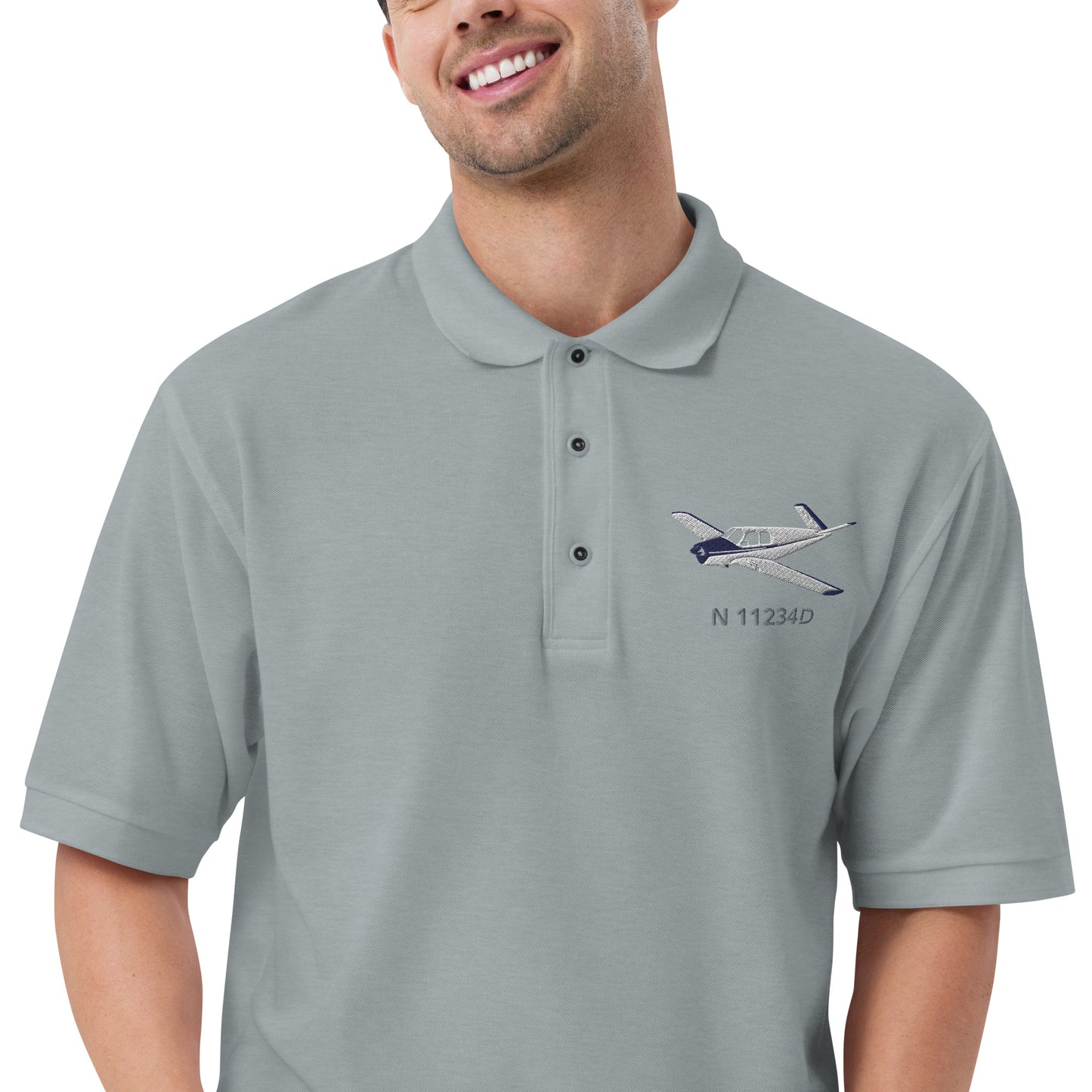 Vintage V-Tail Bonanza White-Blue CUSTOM N Number Embroidered Men's Aviation Polo